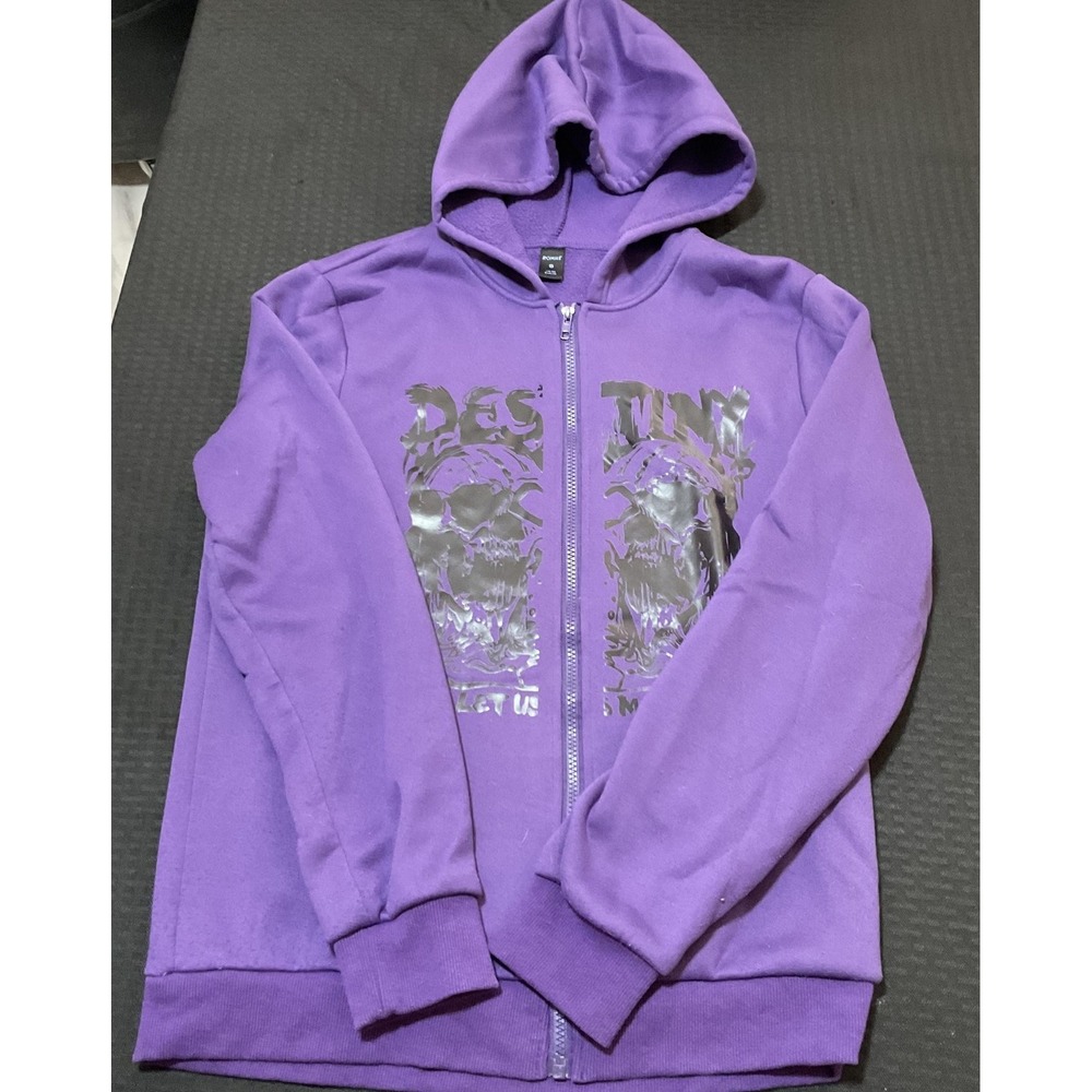 ROMWE‎ Hoodie Mens Small Purple Skull Graphic Full Zip Fleece Gothic Sweatshirt